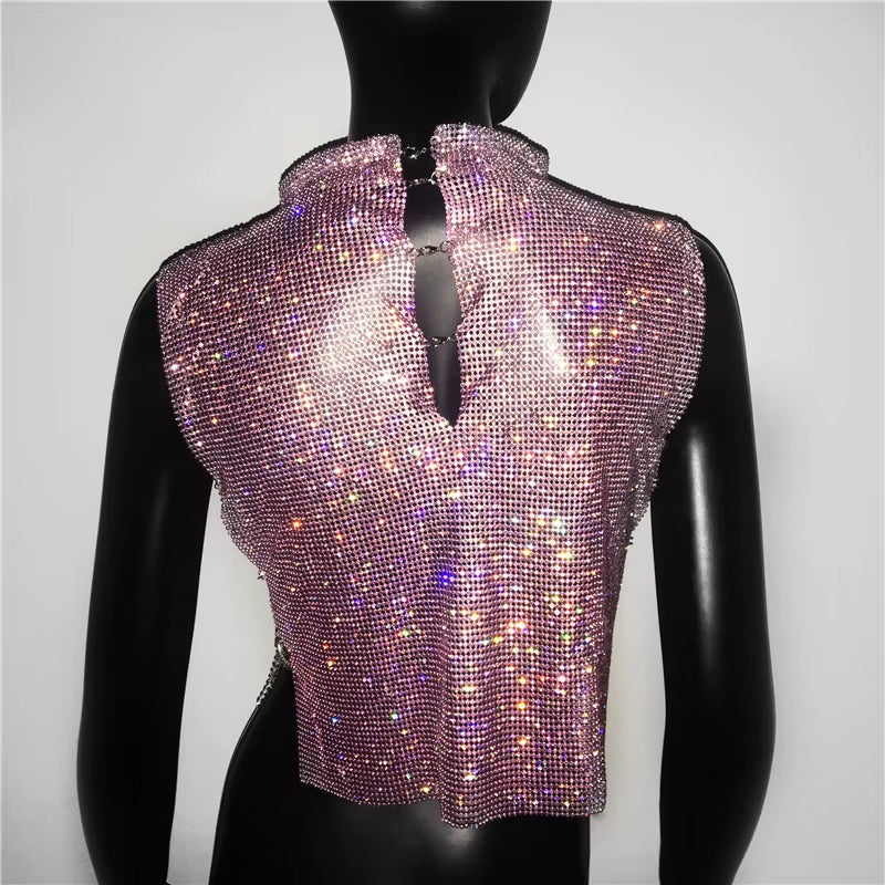 Casual Rhinestone Backless Turtleneck Side Split Diamonds Chain T Shirt Mssza
