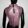 Casual Rhinestone Backless Turtleneck Side Split Diamonds Chain T Shirt Mssza
