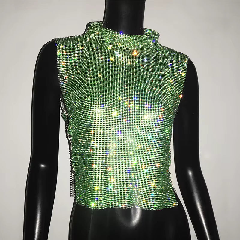 Casual Rhinestone Backless Turtleneck Side Split Diamonds Chain T Shirt Mssza