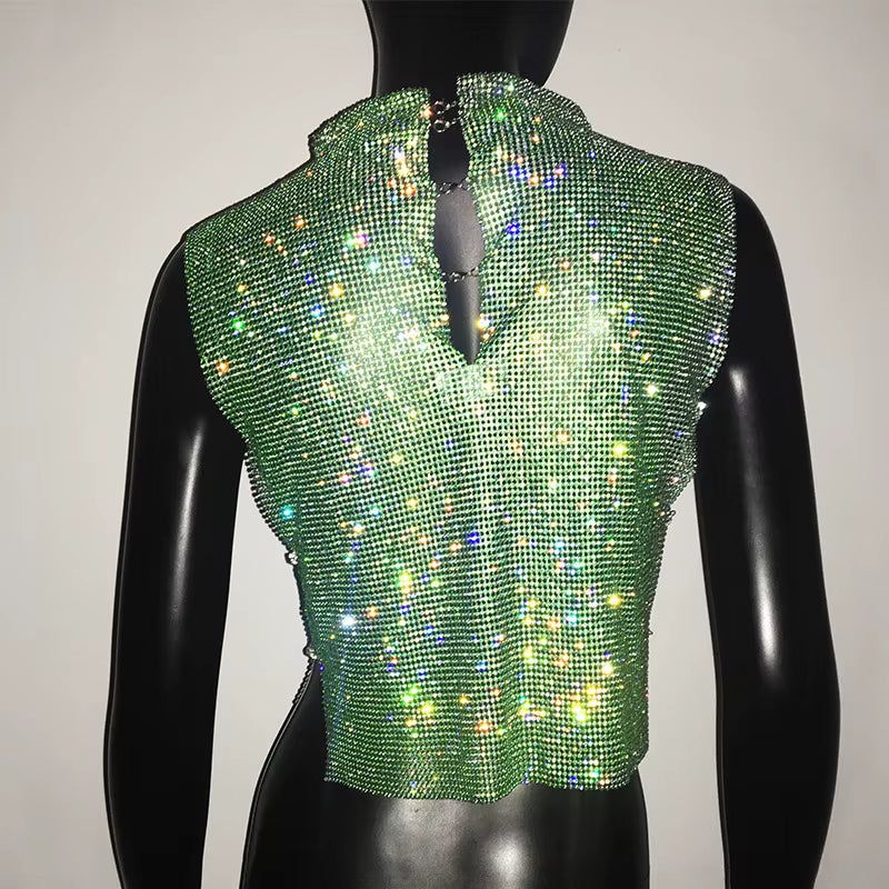 Casual Rhinestone Backless Turtleneck Side Split Diamonds Chain T Shirt Mssza
