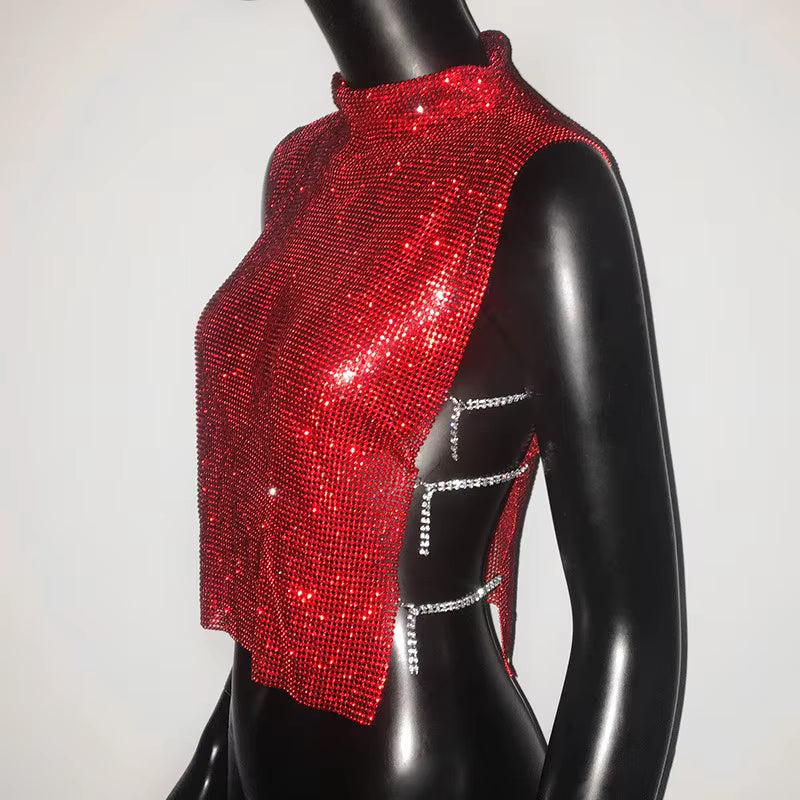 Casual Rhinestone Backless Turtleneck Side Split Diamonds Chain T Shirt Mssza