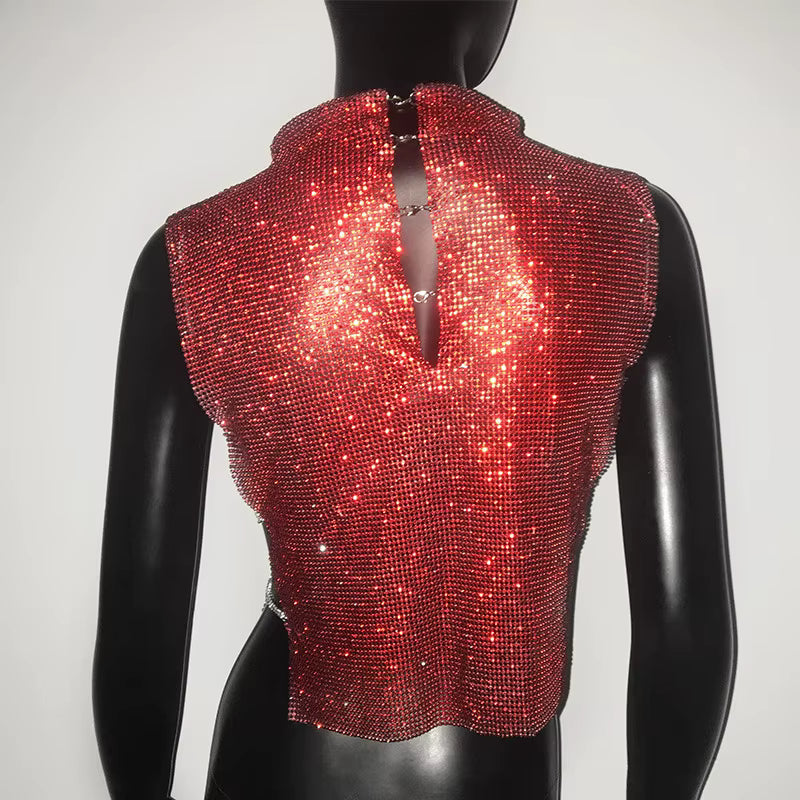 Casual Rhinestone Backless Turtleneck Side Split Diamonds Chain T Shirt Mssza