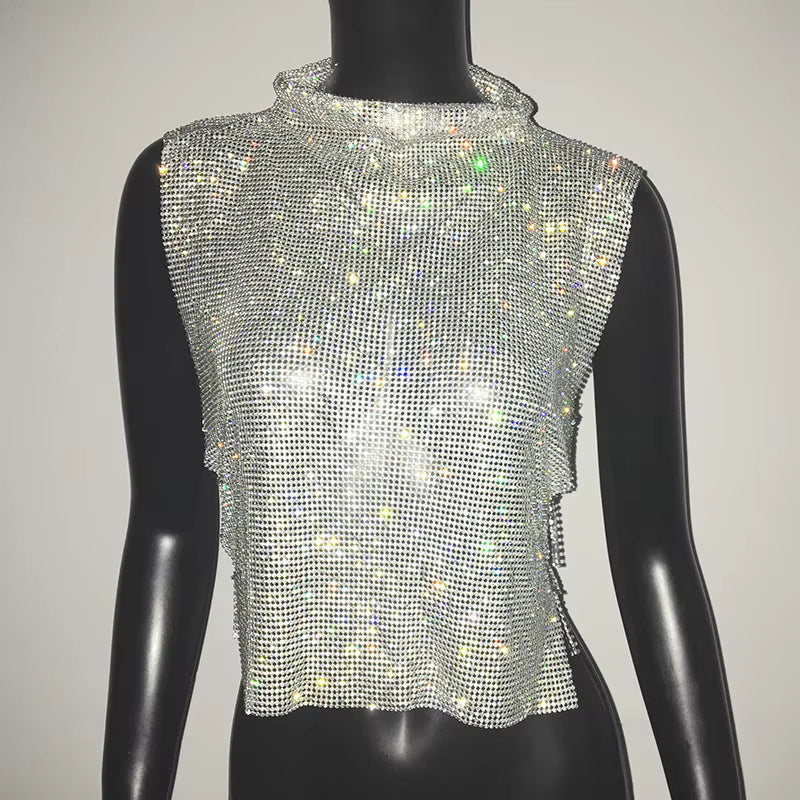 Casual Rhinestone Backless Turtleneck Side Split Diamonds Chain T Shirt Mssza