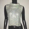 Casual Rhinestone Backless Turtleneck Side Split Diamonds Chain T Shirt Mssza