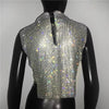 Casual Rhinestone Backless Turtleneck Side Split Diamonds Chain T Shirt Mssza