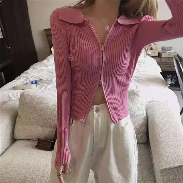 Casual Ribbed Zip-Up Turn-down Collar Long Sleeve Cropped Tops Mssza