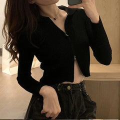 Casual Ribbed Zip-Up Turn-down Collar Long Sleeve Cropped Tops Mssza
