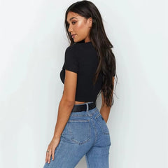 Casual Ribber O-Neck High Stretch Knit Crop Top Mssza