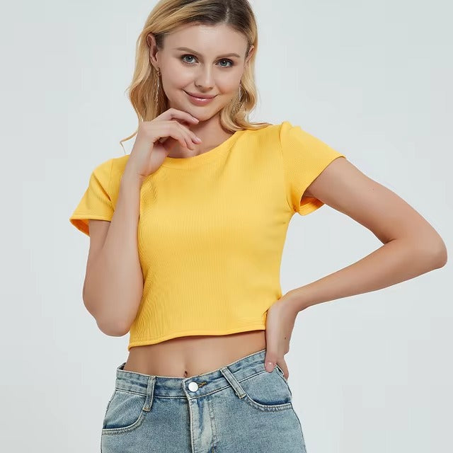 Casual Ribber O-Neck High Stretch Knit Crop Top Mssza