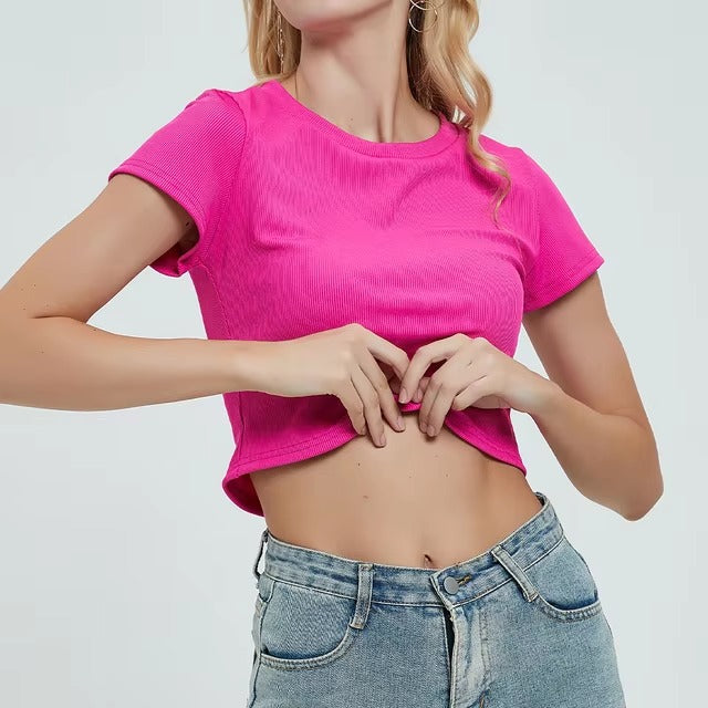 Casual Ribber O-Neck High Stretch Knit Crop Top Mssza