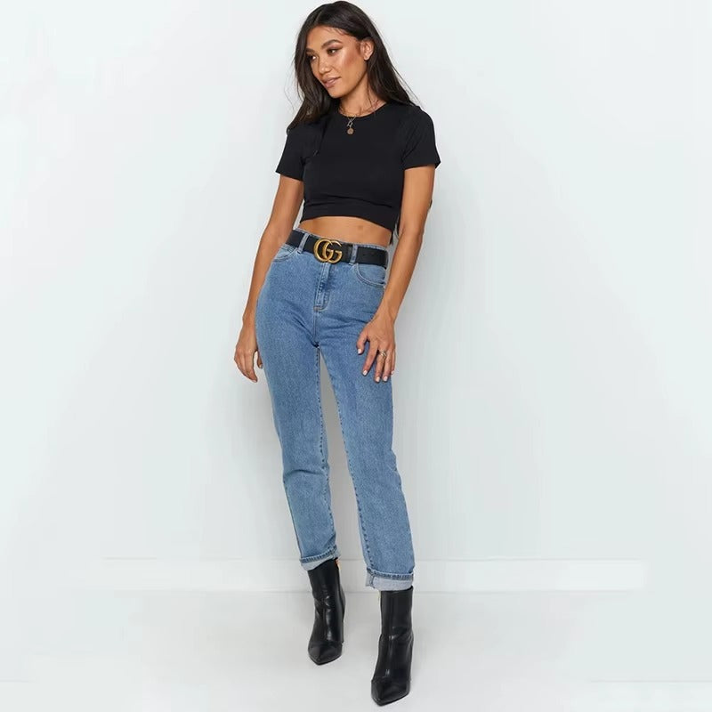 Casual Ribber O-Neck High Stretch Knit Crop Top Mssza