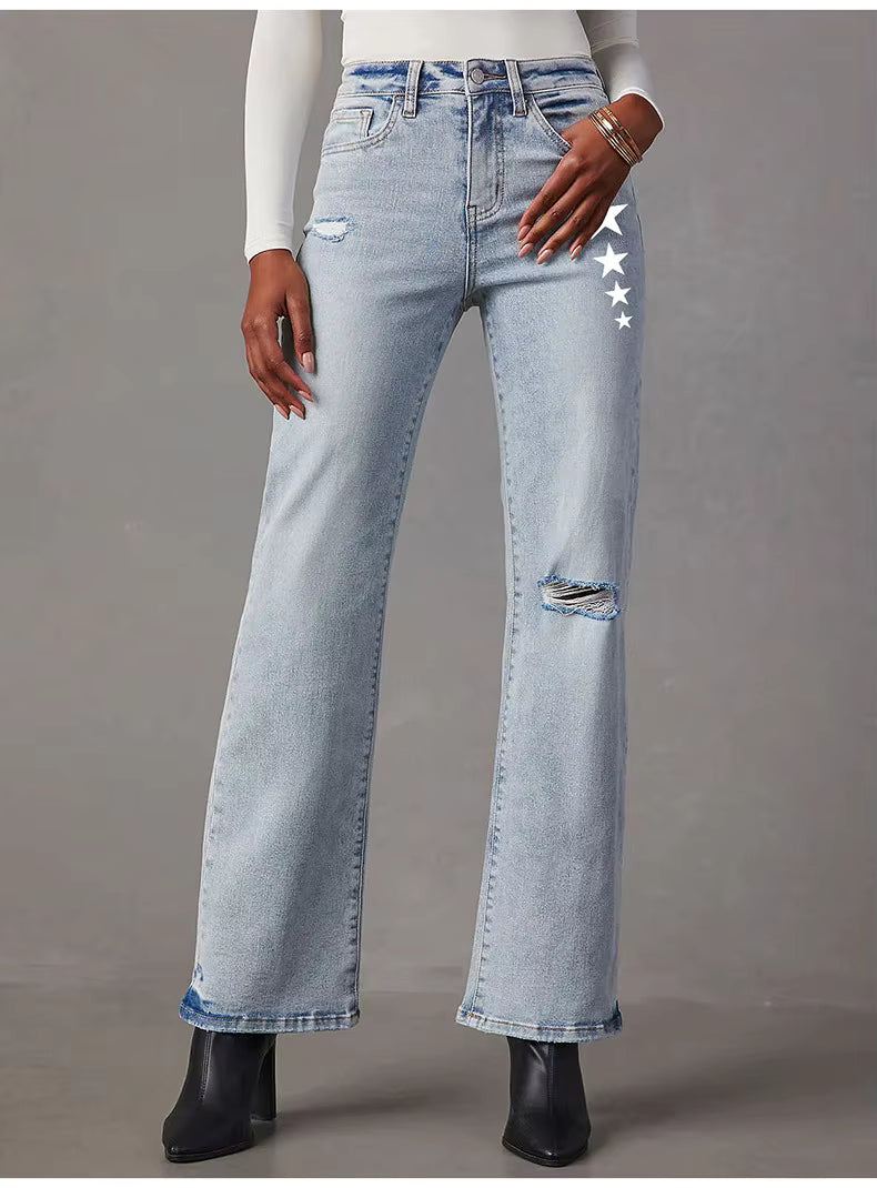 Casual Ripped High Waisted Loose With Pockets Flared Jeans Mssza