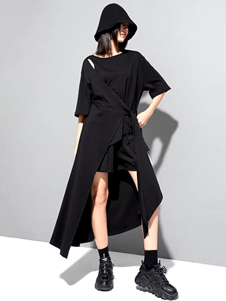 Casual Round Neck Short Sleeve Irregular Hem Big Size Long T-shirt Mssza
