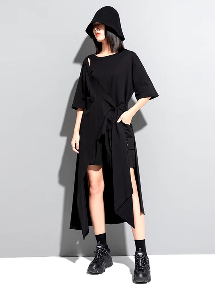 Casual Round Neck Short Sleeve Irregular Hem Big Size Long T-shirt Mssza