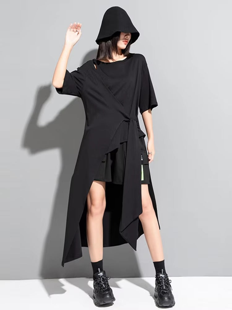 Casual Round Neck Short Sleeve Irregular Hem Big Size Long T-shirt Mssza