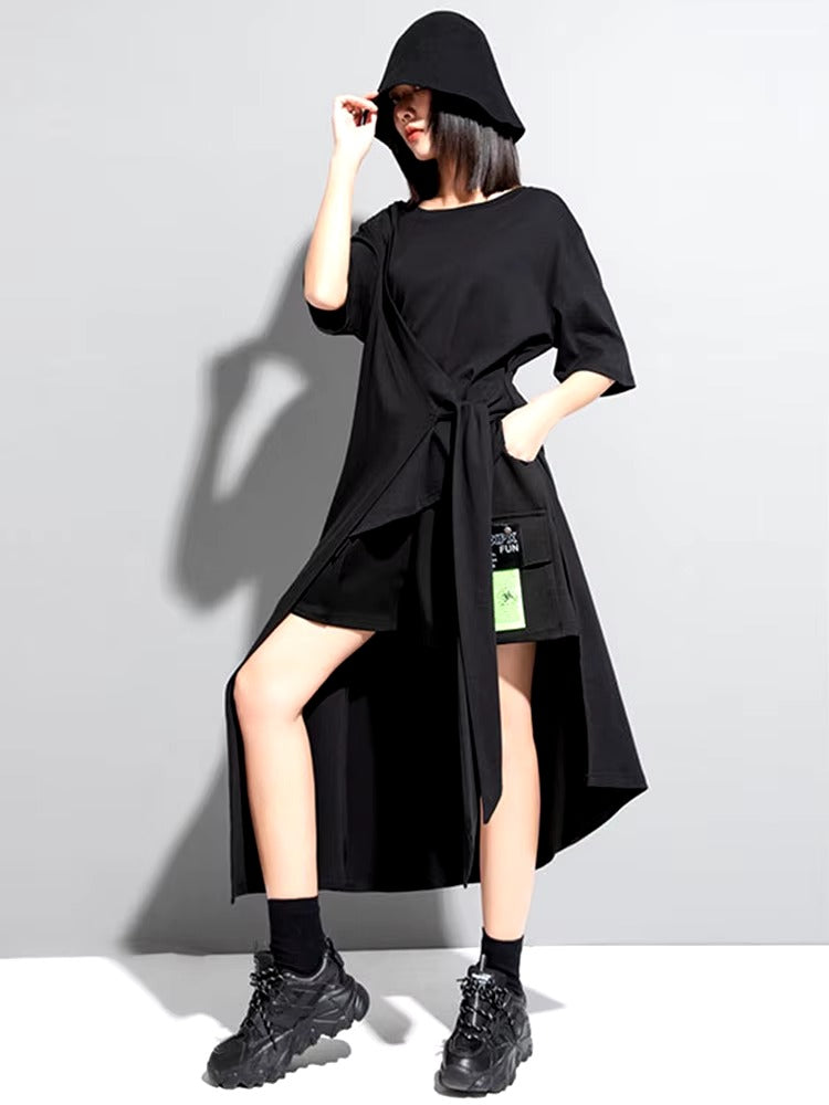 Casual Round Neck Short Sleeve Irregular Hem Big Size Long T-shirt Mssza