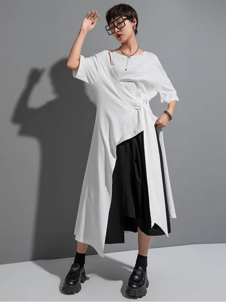 Casual Round Neck Short Sleeve Irregular Hem Big Size Long T-shirt Mssza