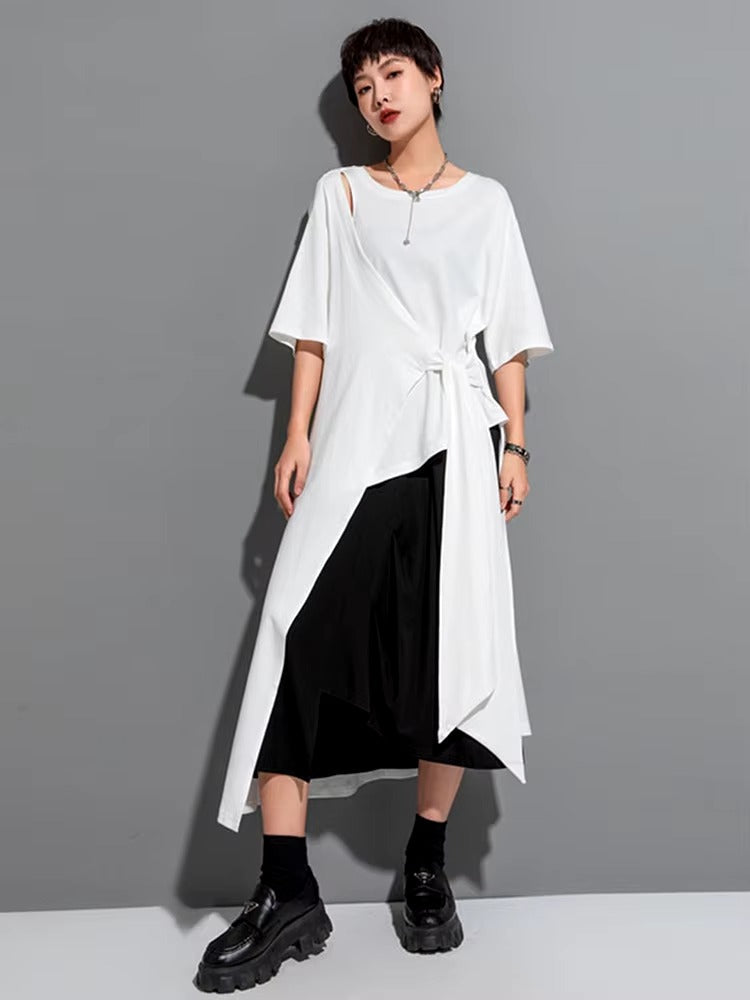 Casual Round Neck Short Sleeve Irregular Hem Big Size Long T-shirt Mssza