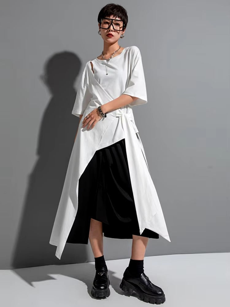 Casual Round Neck Short Sleeve Irregular Hem Big Size Long T-shirt Mssza