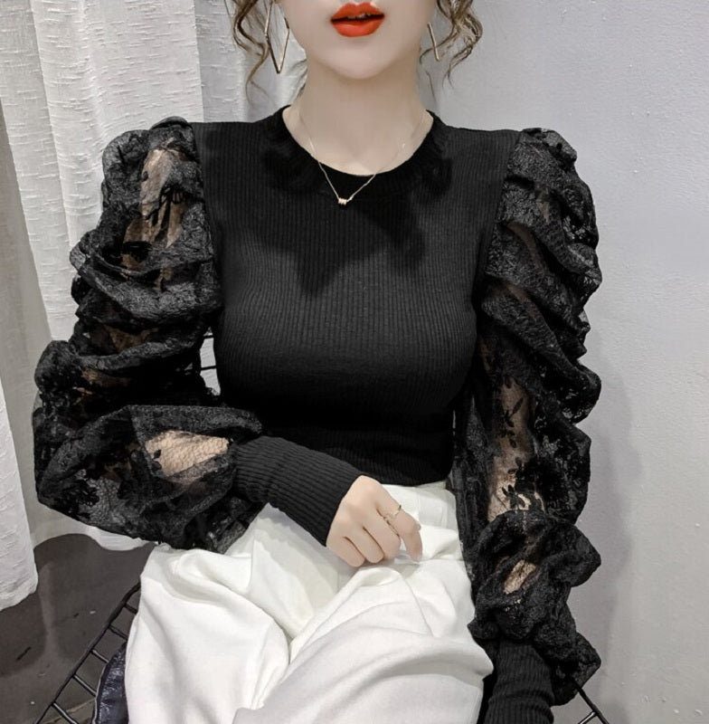 Casual Round Neck Slim Puff Sleeve Lace T-Shirt Mssza