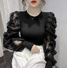 Casual Round Neck Slim Puff Sleeve Lace T-Shirt Mssza