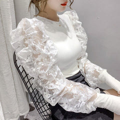 Casual Round Neck Slim Puff Sleeve Lace T-Shirt Mssza