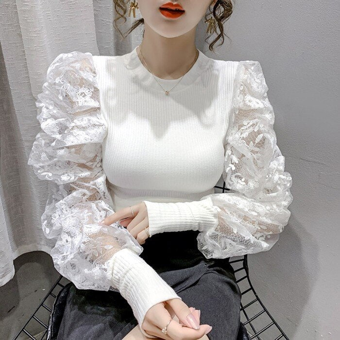 Casual Round Neck Slim Puff Sleeve Lace T-Shirt Mssza