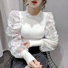 Casual Round Neck Slim Puff Sleeve Lace T-Shirt Mssza