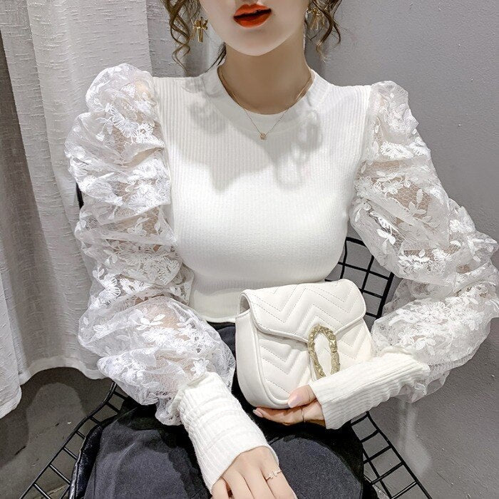 Casual Round Neck Slim Puff Sleeve Lace T-Shirt Mssza