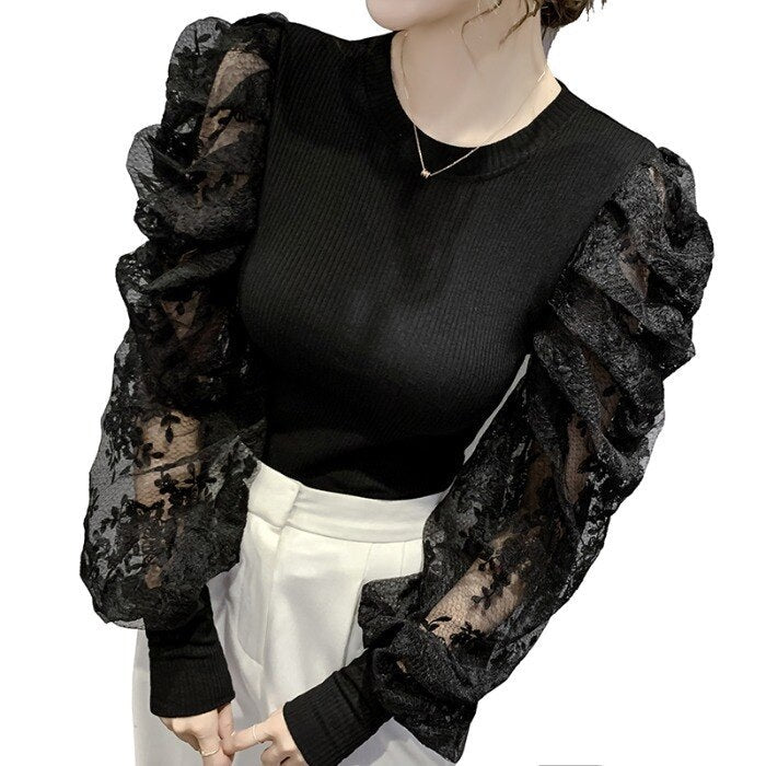 Casual Round Neck Slim Puff Sleeve Lace T-Shirt Mssza
