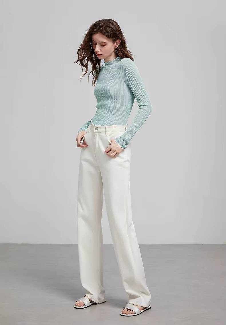Casual Ruff Collar Turtleneck Linen Slim Fit Bottom Pullover Knitted Top Mssza