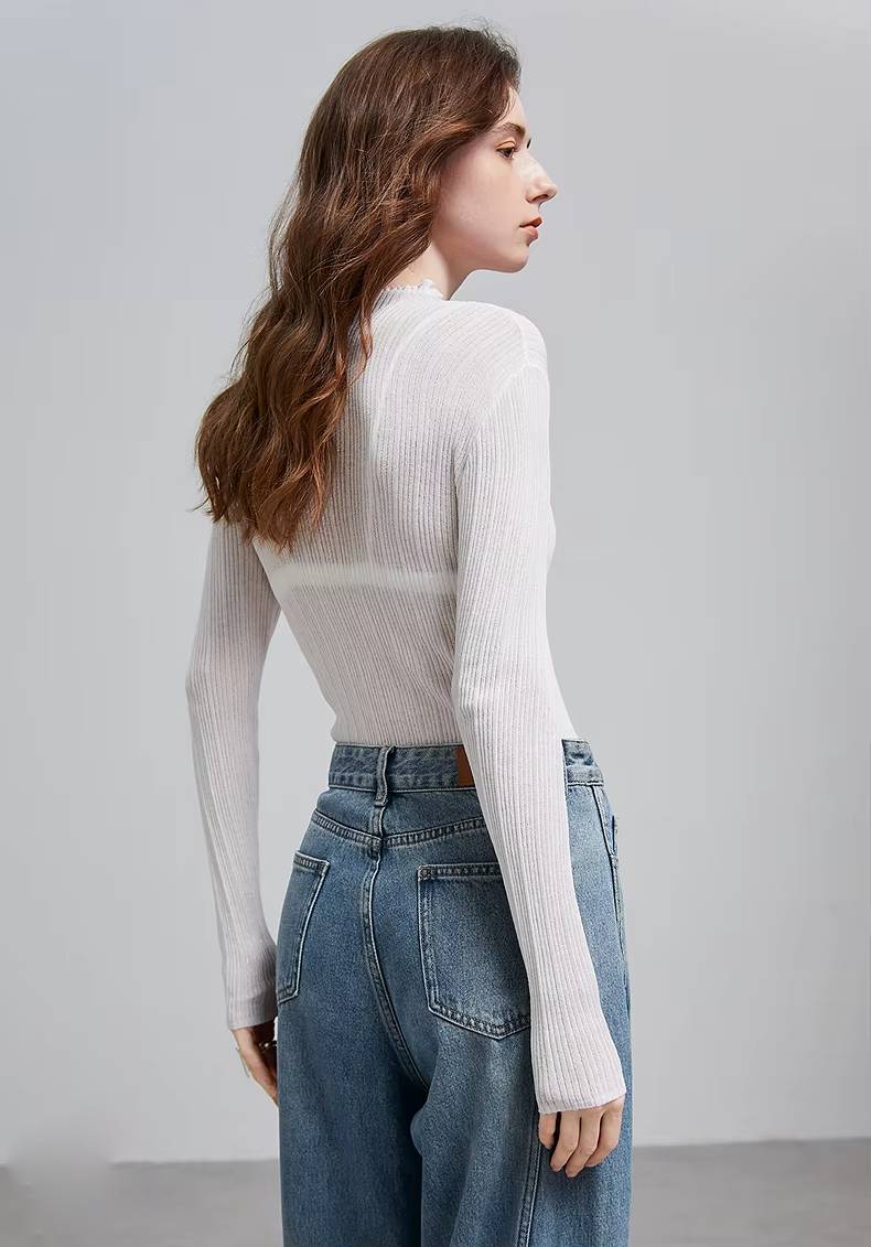 Casual Ruff Collar Turtleneck Linen Slim Fit Bottom Pullover Knitted Top Mssza