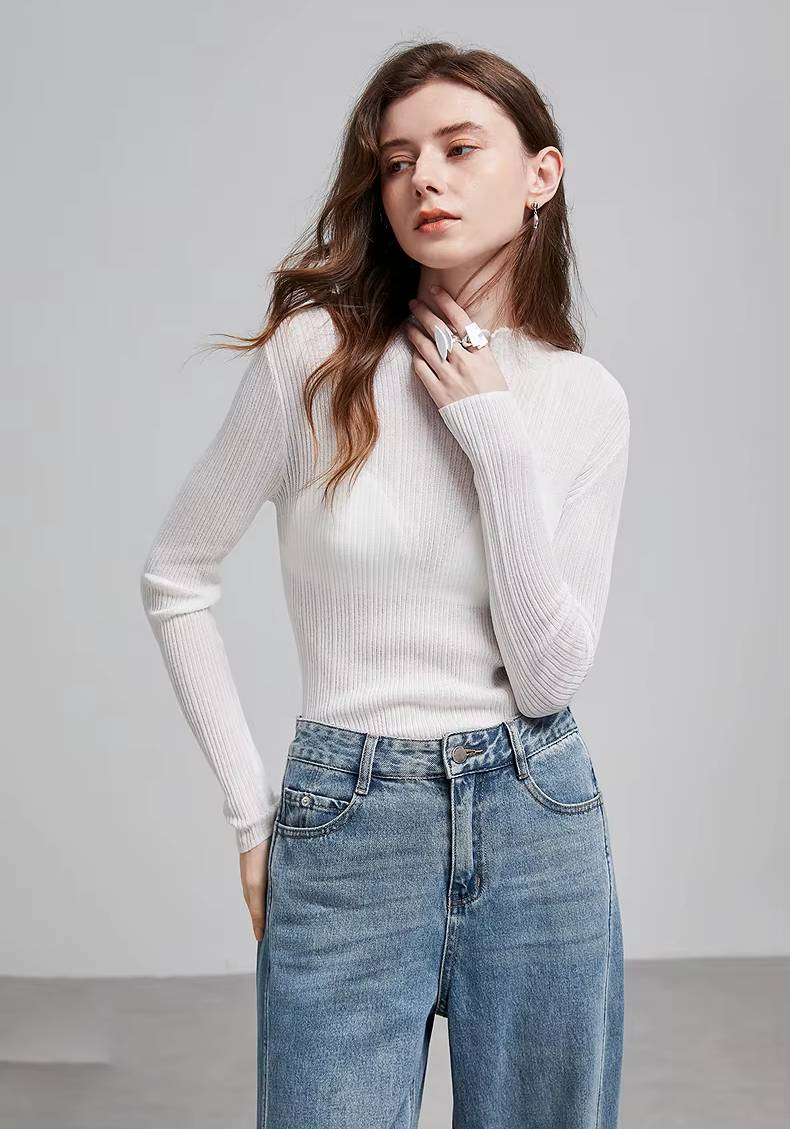 Casual Ruff Collar Turtleneck Linen Slim Fit Bottom Pullover Knitted Top Mssza