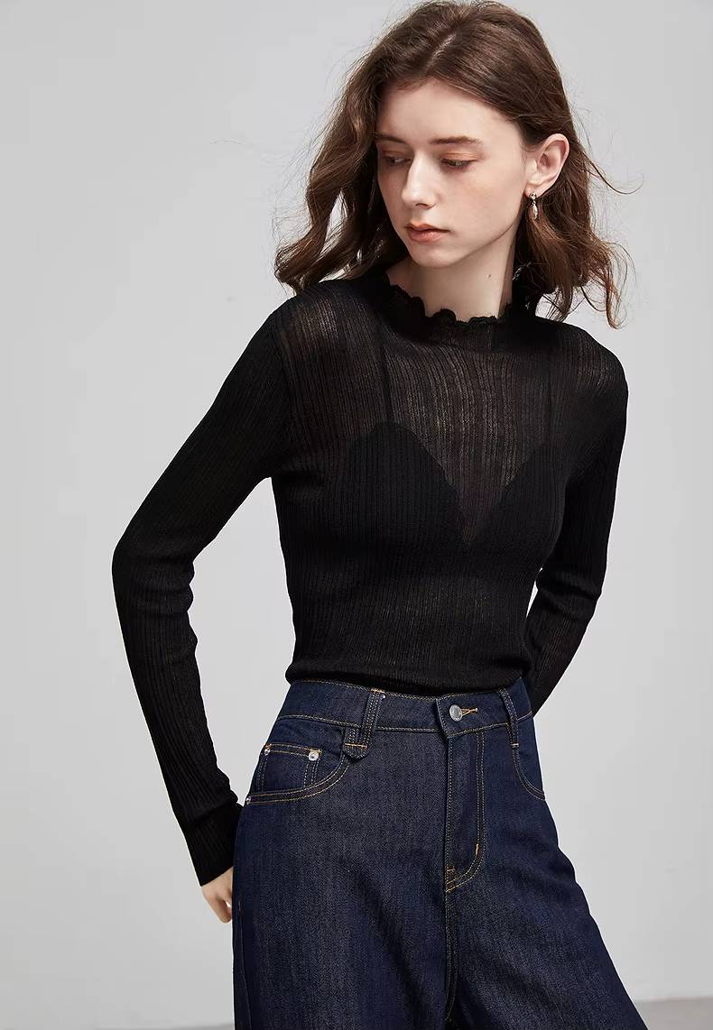 Casual Ruff Collar Turtleneck Linen Slim Fit Bottom Pullover Knitted Top Mssza