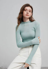 Casual Ruff Collar Turtleneck Linen Slim Fit Bottom Pullover Knitted Top Mssza