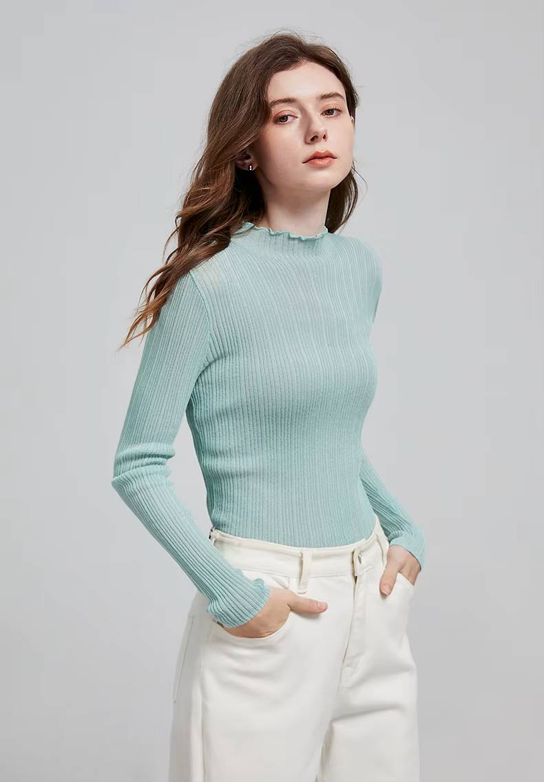 Casual Ruff Collar Turtleneck Linen Slim Fit Bottom Pullover Knitted Top Mssza
