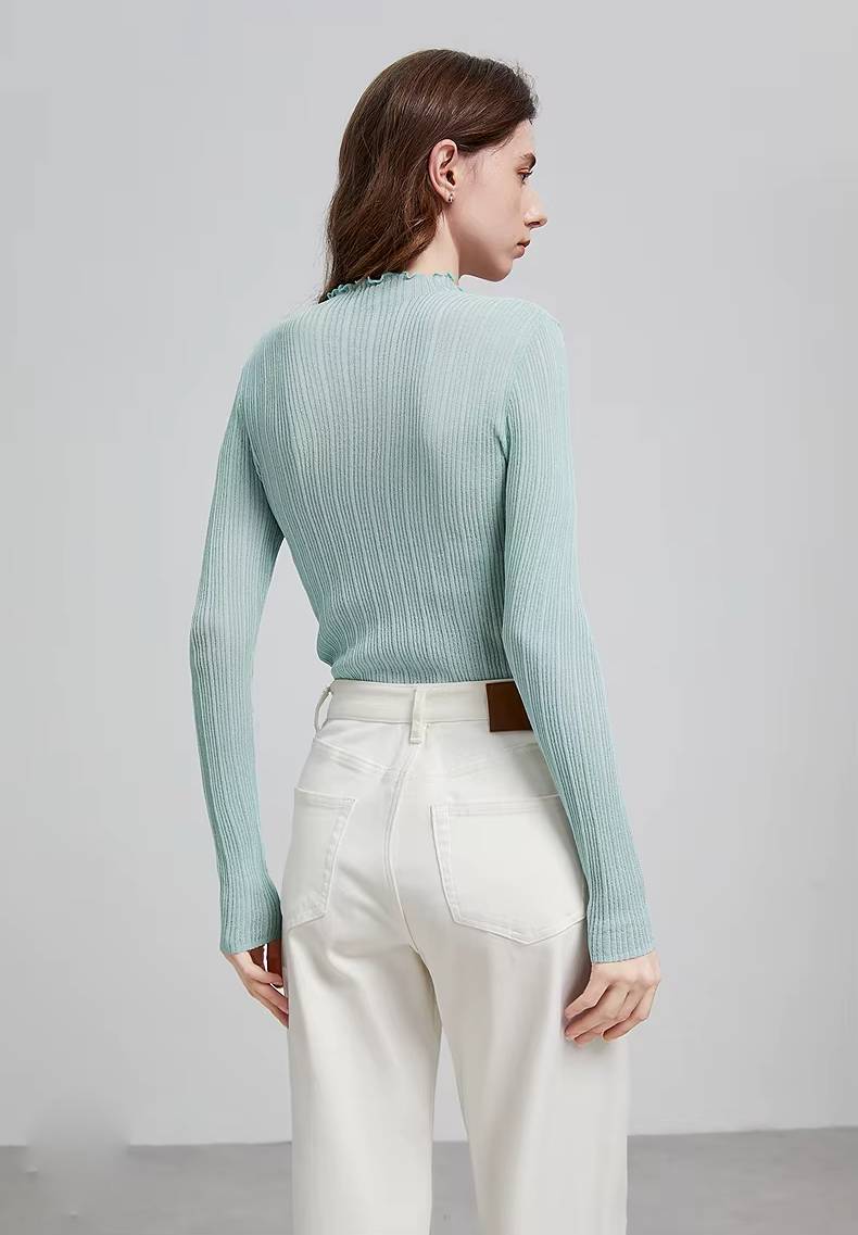 Casual Ruff Collar Turtleneck Linen Slim Fit Bottom Pullover Knitted Top Mssza