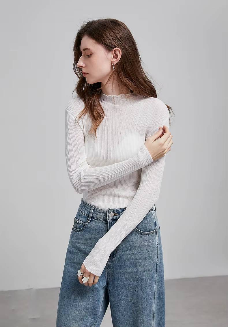 Casual Ruff Collar Turtleneck Linen Slim Fit Bottom Pullover Knitted Top Mssza