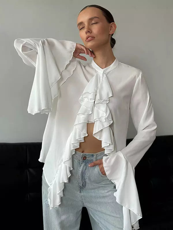 Casual Ruffled Blouse With Bell Sleeve Crew Neck Tops Mssza