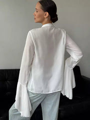 Casual Ruffled Blouse With Bell Sleeve Crew Neck Tops Mssza