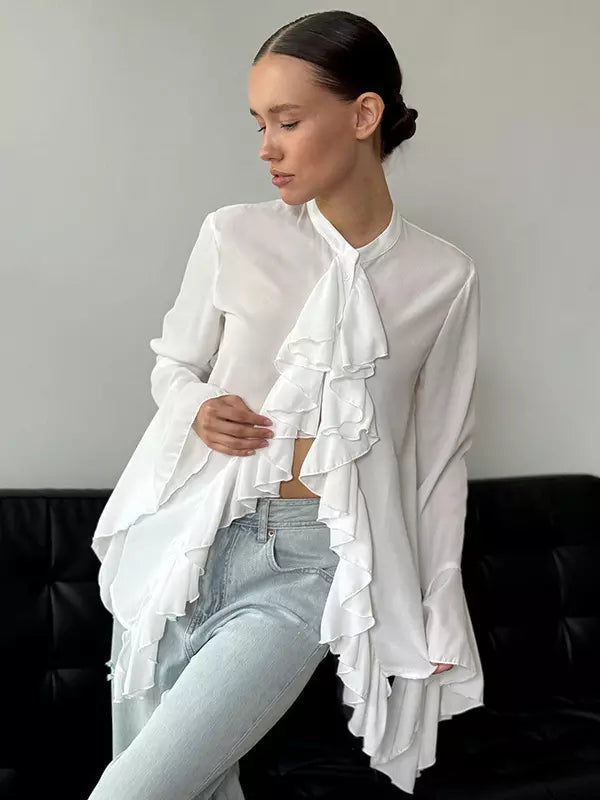 Casual Ruffled Blouse With Bell Sleeve Crew Neck Tops Mssza