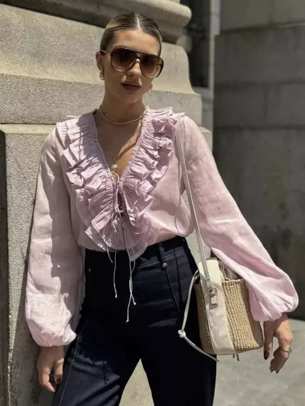Casual Ruffled Lace up Lantern Long Sleeve V-neck Blouse Resort Wear Mssza