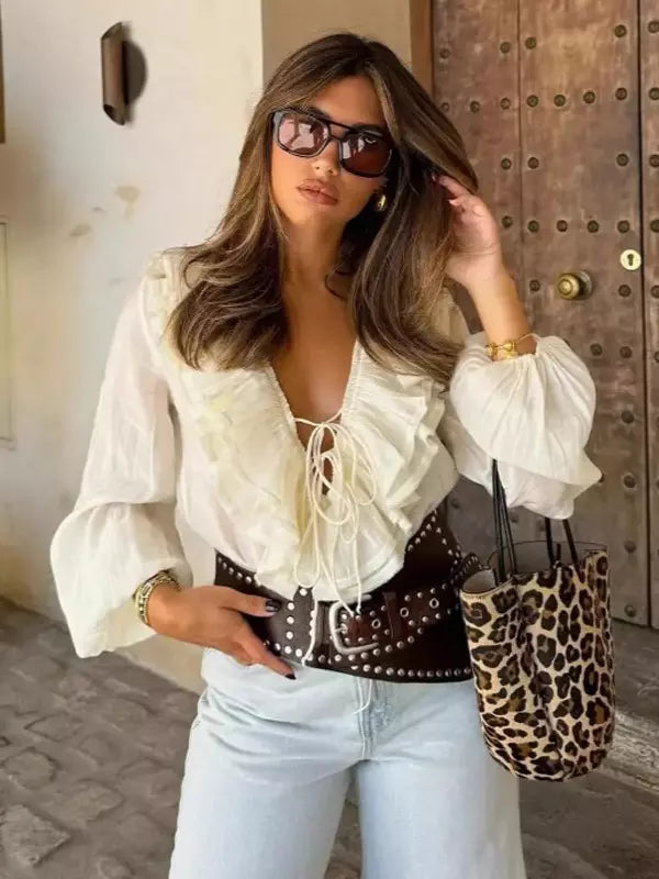 Casual Ruffled Lace up Lantern Long Sleeve V-neck Blouse Resort Wear Mssza