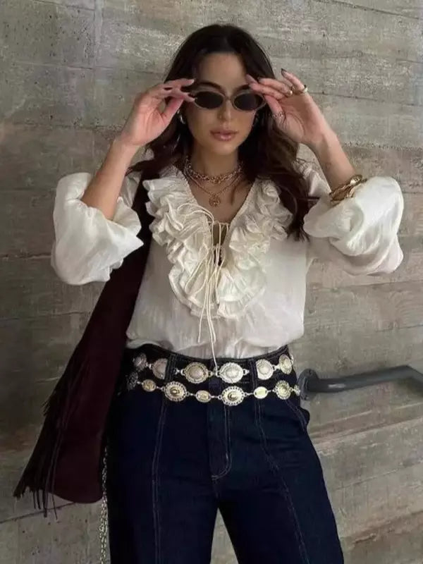 Casual Ruffled Lace up Lantern Long Sleeve V-neck Blouse Resort Wear Mssza