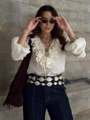 Casual Ruffled Lace up Lantern Long Sleeve V-neck Blouse Resort Wear Mssza
