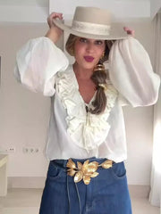 Casual Ruffled Lace up Lantern Long Sleeve V-neck Blouse Resort Wear Mssza