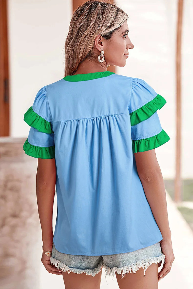Casual Ruffled V-neck Pullover Blocking Splicing Short Sleeve Blouses Mssza