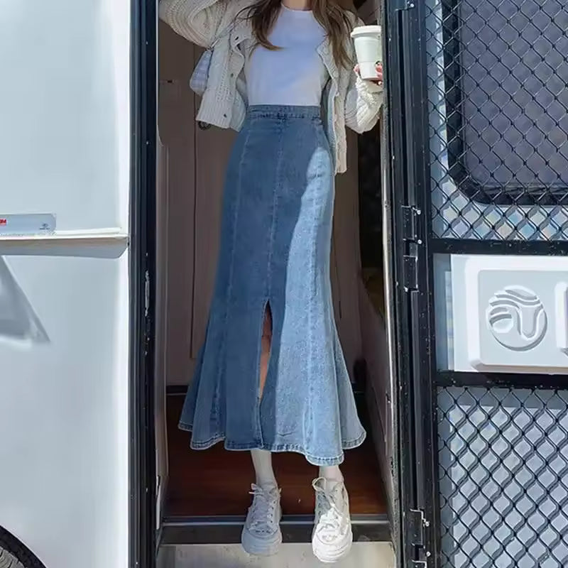 Casual Ruffles Denim High Waist Empire Midi Stretch Skirt Mssza