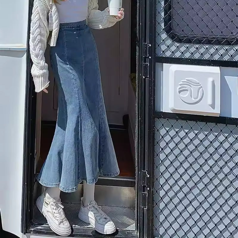 Casual Ruffles Denim High Waist Empire Midi Stretch Skirt Mssza