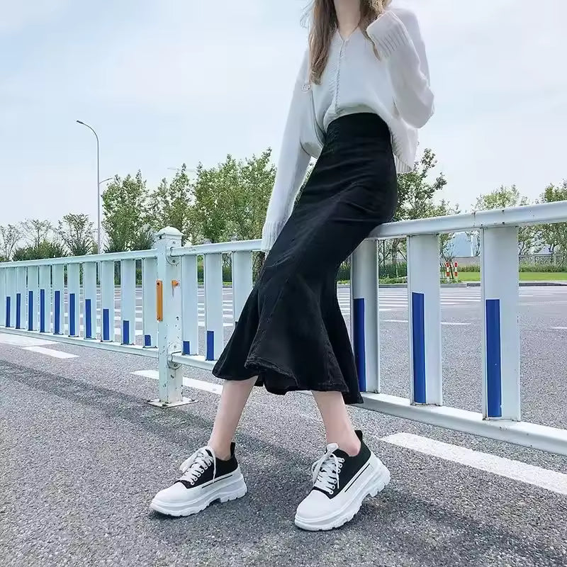 Casual Ruffles Denim High Waist Empire Midi Stretch Skirt Mssza